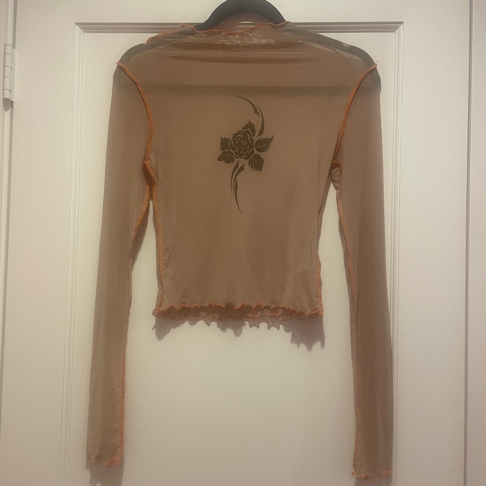 Hawaiian Flower Nude Mesh Long-sleeve with Orange Lettuce Detail